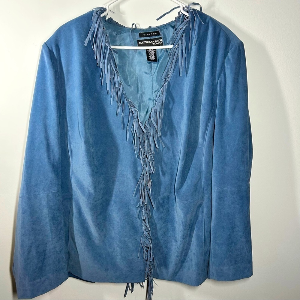 NortonMcnaughton Blue Women's Open Front Blazer Light Jacket Fringe 18W